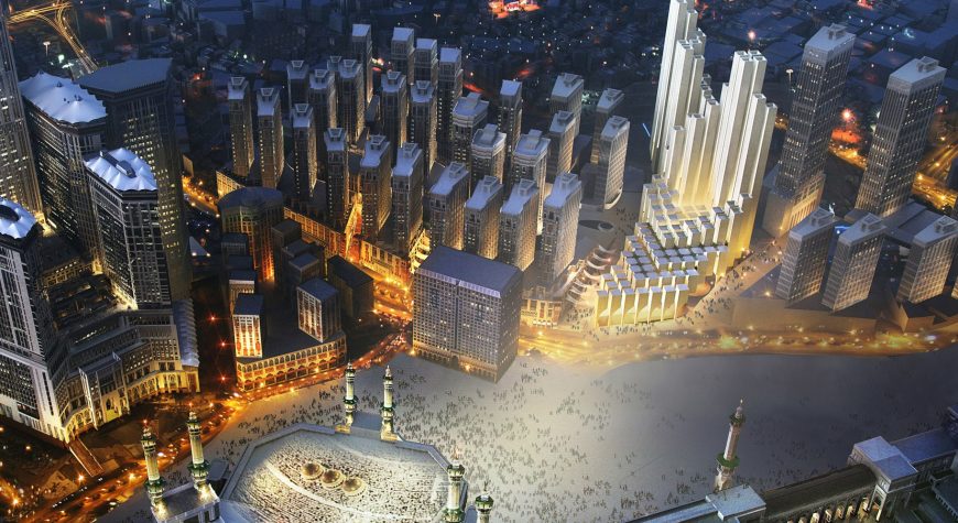 A design for a cascading tower complex for Mecca pilgrims. A design by Foster + Partners studio won a competition to build a complex in Mecca, Saudi Arabia, to provide housing for pilgrims on their way to the world's largest mosque.